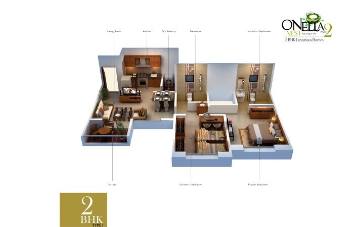 Floor plan of 2 BHK 939 Sq. Ft. Apartment in Nimhan Onella Nest Phase II, Pune
