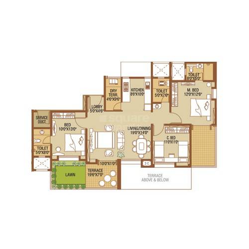 Floor plan of 3 BHK 844 Sq. Ft. Apartment in Nirmaann Shankeshwar Darshan, Pune