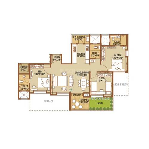 Floor plan of 3 BHK 880 Sq. Ft. Apartment in Nirmaann Shankeshwar Darshan, Pune