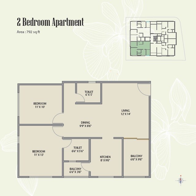 Floor plan of 2 BHK 792 Sq. Ft. Apartment in Nirman Adi, Pune