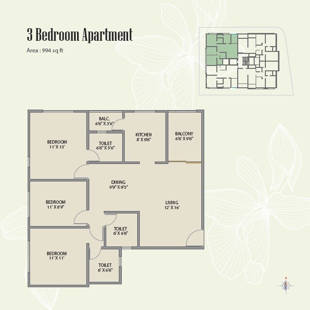 Floor plan of 3 BHK 994 Sq. Ft. Apartment in Nirman Adi, Pune