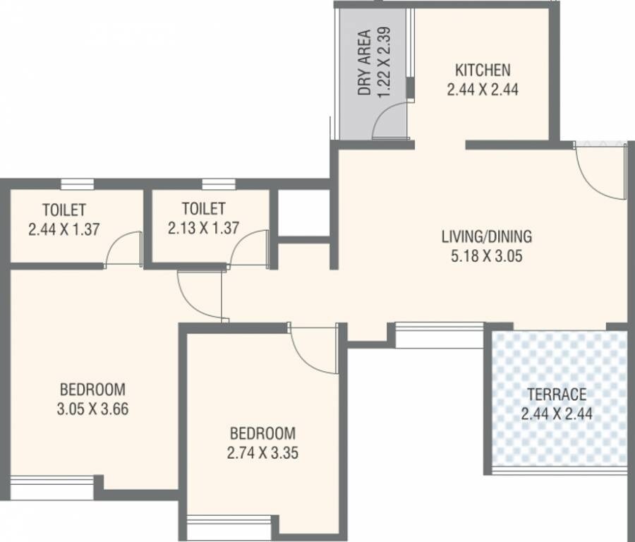 Floor plan of 2 BHK 600 Sq. Ft. Apartment in Nirman Ajinkyatara, Pune