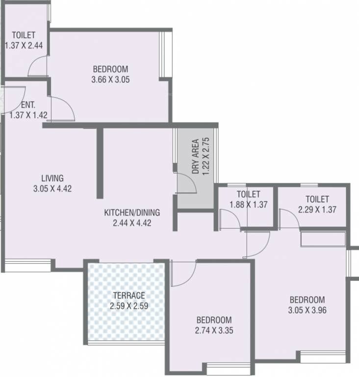 Floor plan of 3 BHK 971 Sq. Ft. Apartment in Nirman Ajinkyatara, Pune