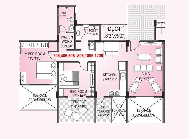 Floor plan of 2 BHK 785 Sq. Ft. Apartment in Nirman Akash Raj, Pune