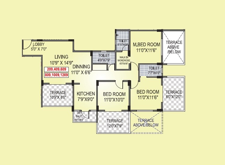 Floor plan of 3 BHK 1013 Sq. Ft. Apartment in Nirman Akash Raj, Pune