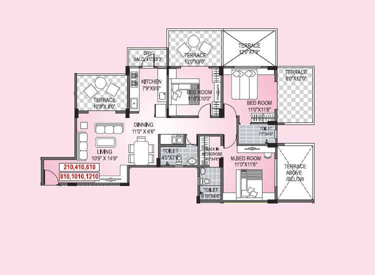 Floor plan of 3 BHK 998 Sq. Ft. Apartment in Nirman Akash Raj, Pune