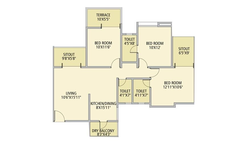Floor plan of 3 BHK 1038 Sq. Ft. Apartment in Nirman Altius Phase 2, Pune