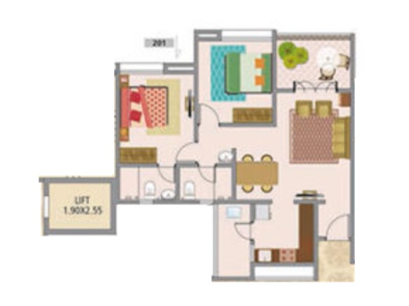 Floor plan of 2 BHK 1007 Sq. Ft. Apartment in Nirman Anamika, Pune