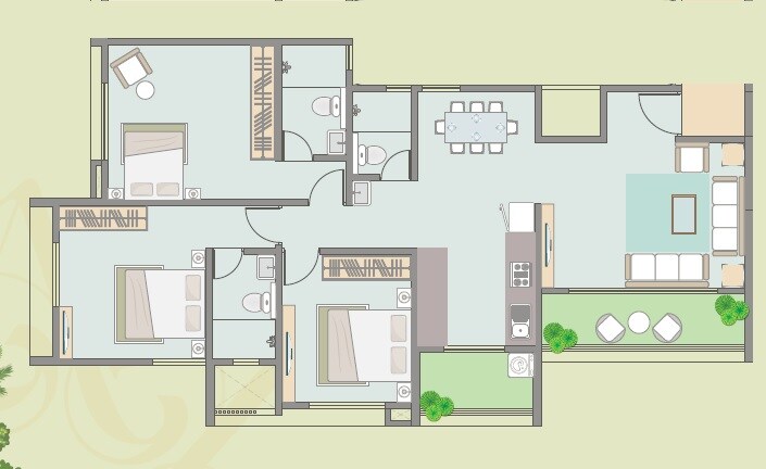 Floor plan of 3 BHK 1138 Sq. Ft. Apartment in Nirman Anamika, Pune