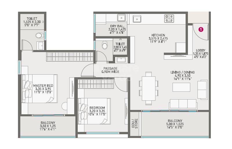 Floor plan of 2 BHK 877 Sq. Ft. Apartment in Nirman Astropolis, Pune