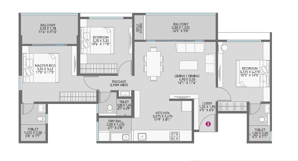 Floor plan of 3 BHK 1068 Sq. Ft. Apartment in Nirman Astropolis, Pune