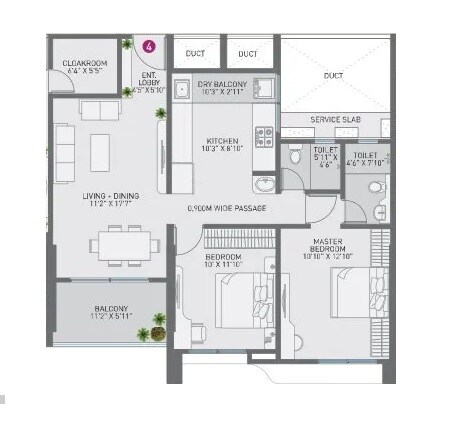 Floor plan of 2 BHK 839 Sq. Ft. Apartment in Nirman Cosmopolis, Pune