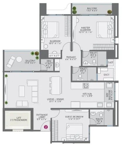 Floor plan of 3 BHK 1334 Sq. Ft. Apartment in Nirman Cosmopolis, Pune