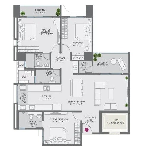 Floor plan of 3 BHK 1226 Sq. Ft. Apartment in Nirman Cosmopolis, Pune