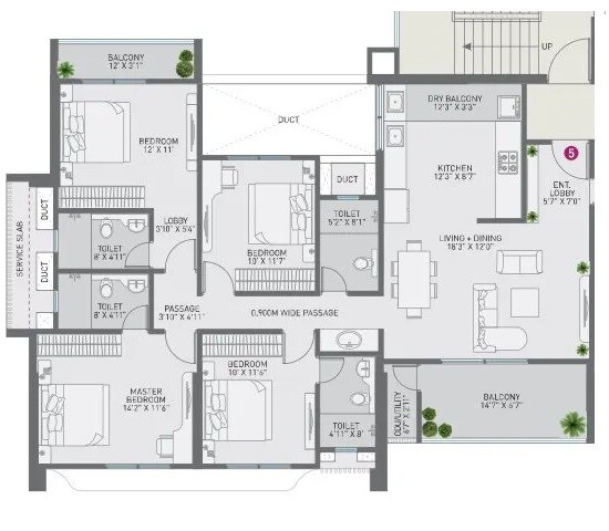 Floor plan of 4 BHK 1467 Sq. Ft. Apartment in Nirman Cosmopolis, Pune
