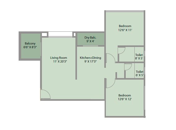 Floor plan of 2 BHK 988 Sq. Ft. Apartment in Nirman Gulmohar, Pune