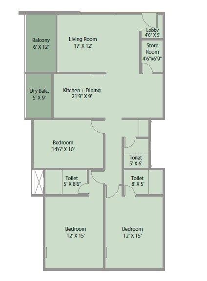 Floor plan of 3 BHK 1362 Sq. Ft. Apartment in Nirman Gulmohar, Pune