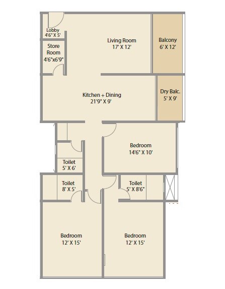Floor plan of 3 BHK 1390 Sq. Ft. Apartment in Nirman Gulmohar, Pune