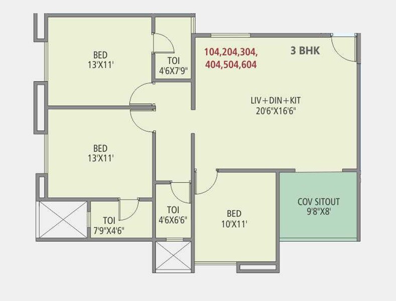 Floor plan of 3 BHK 1011 Sq. Ft. Apartment in Nirman Hillside, Pune