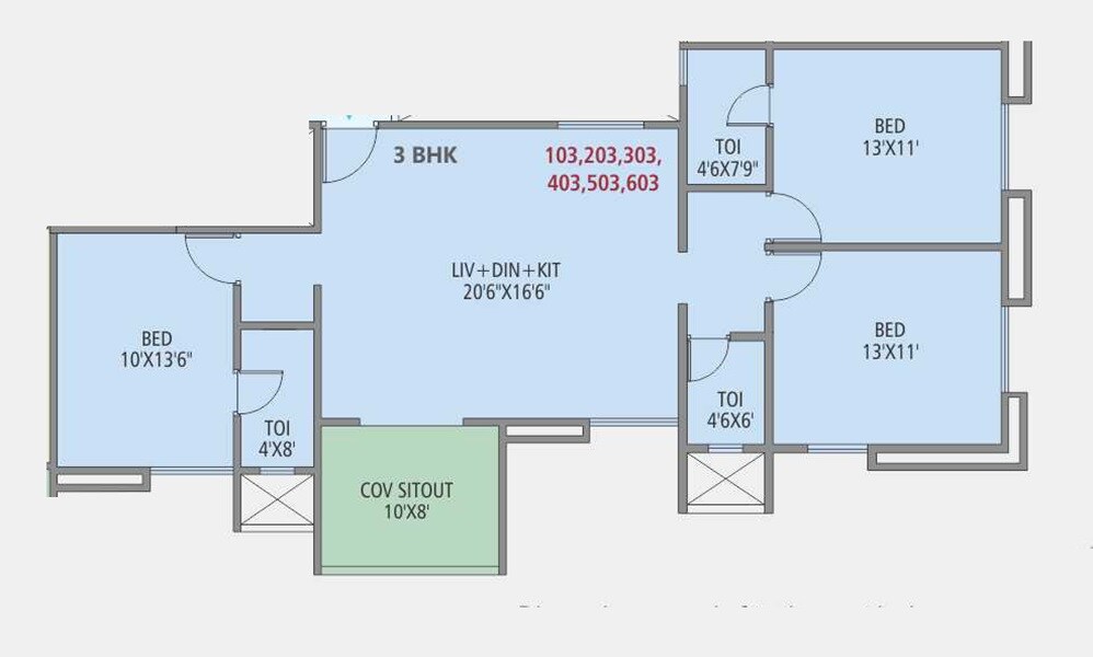 Floor plan of 3 BHK 1036 Sq. Ft. Apartment in Nirman Hillside, Pune