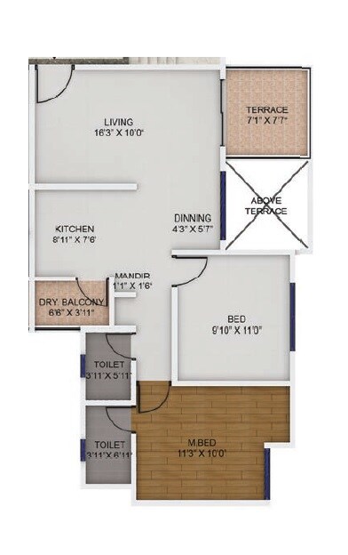 Floor plan of 2 BHK 627 Sq. Ft. Apartment in Nirman Milestone, Pune