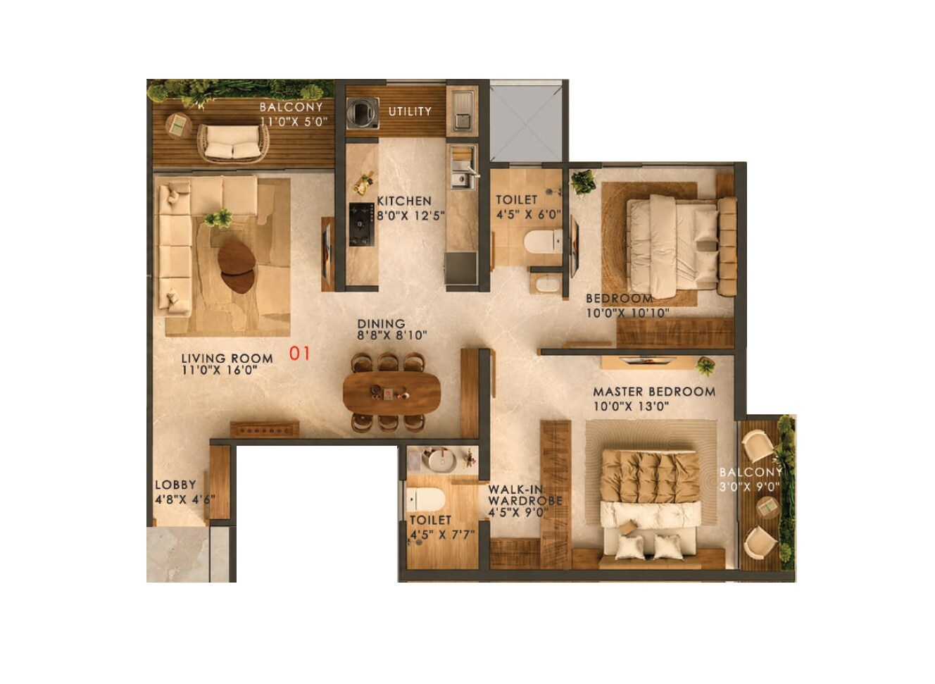 Floor plan of 2 BHK 881 Sq. Ft. Apartment in Nirman Neopolis, Pune