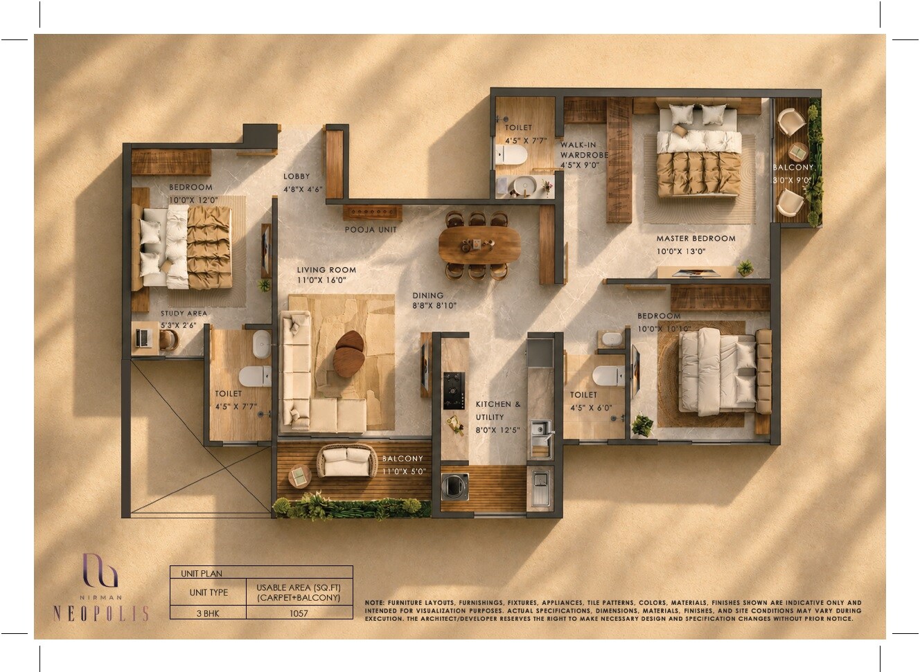 Floor plan of 3 BHK 1057 Sq. Ft. Apartment in Nirman Neopolis, Pune