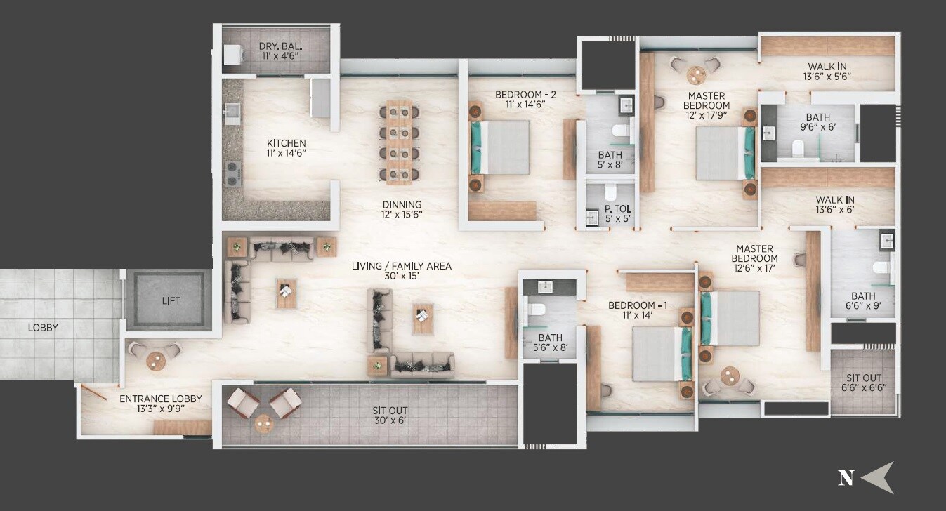 Floor plan of 4 BHK 2550 Sq. Ft. Apartment in Nirman Nirvana, Pune