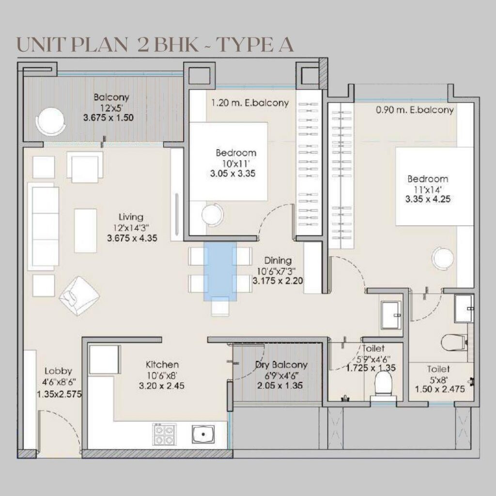 Floor plan of 2 BHK 662 Sq. Ft. Apartment in Nirman Shreyas, Pune