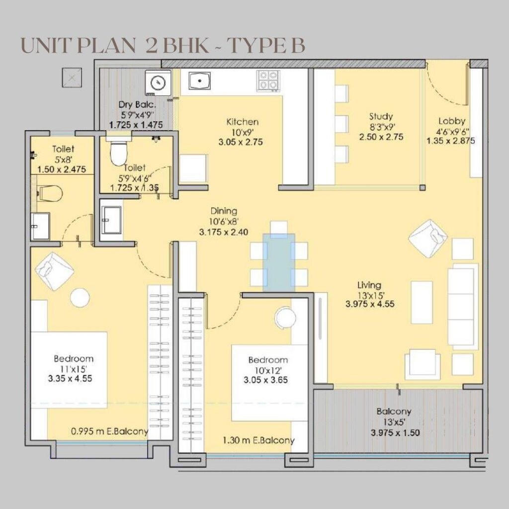 Floor plan of 2 BHK 996 Sq. Ft. Apartment in Nirman Shreyas, Pune