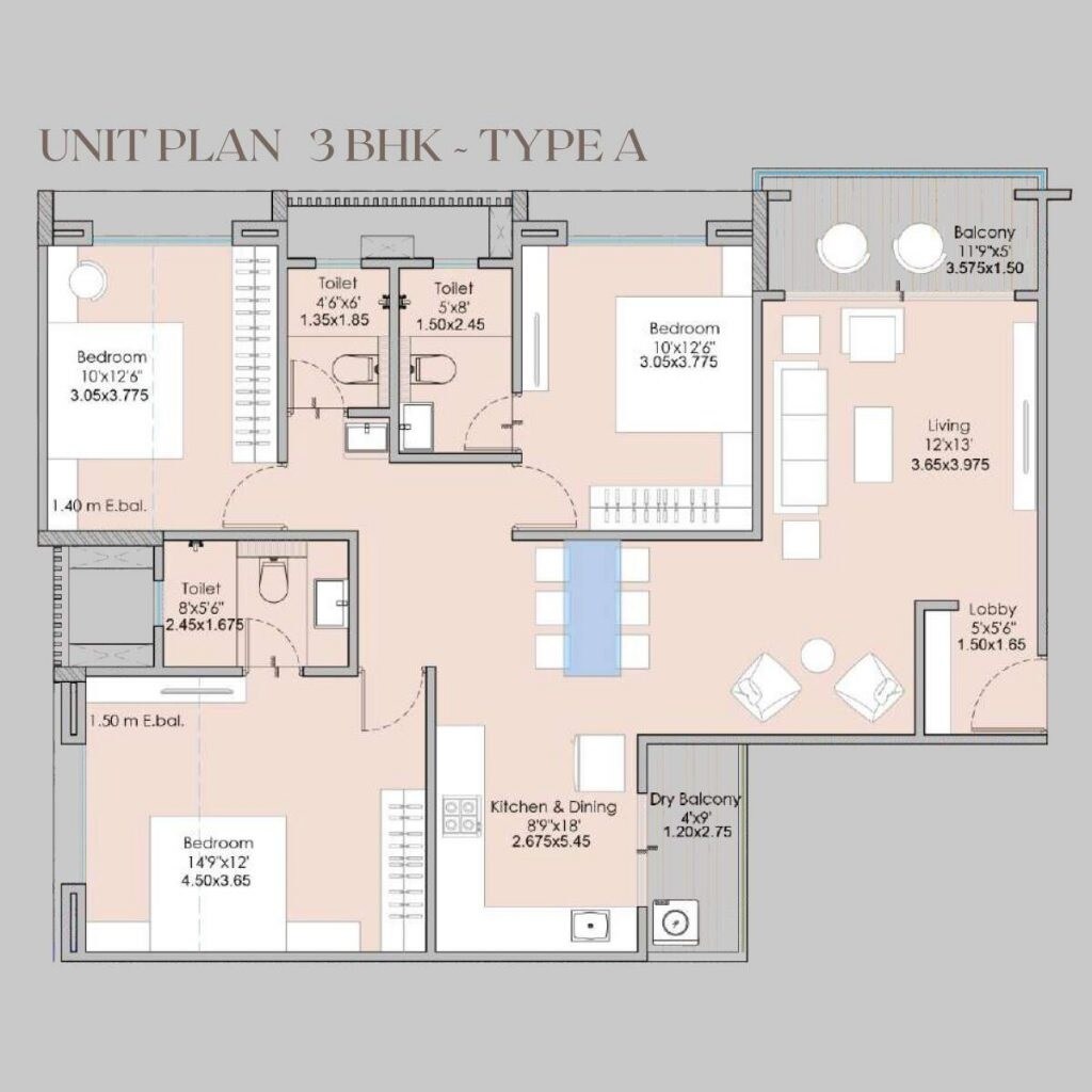 Floor plan of 3 BHK 1034 Sq. Ft. Apartment in Nirman Shreyas, Pune