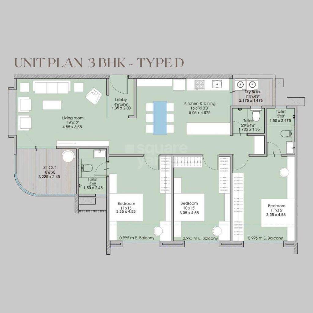 Floor plan of 3 BHK 1038 Sq. Ft. Apartment in Nirman Shreyas, Pune
