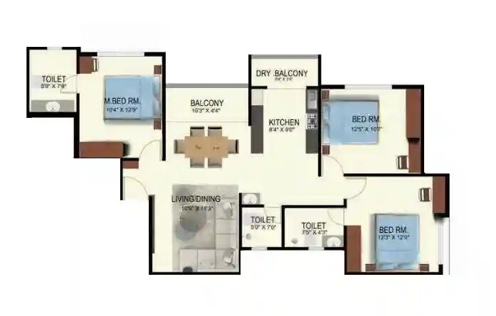Floor plan of 3 BHK 1224 Sq. Ft. Apartment in Nirmitee Serenora, Pune