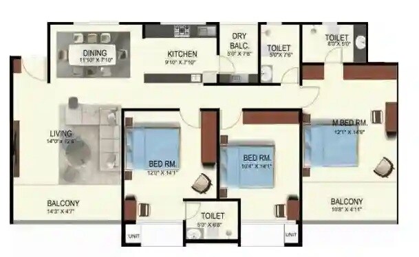 Floor plan of 3 BHK 974 Sq. Ft. Apartment in Nirmitee Serenora, Pune