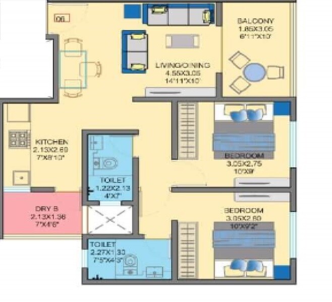 Floor plan of 2 BHK Apartment - 533 sq. ft. in Nirmiti 25 East, Pune
