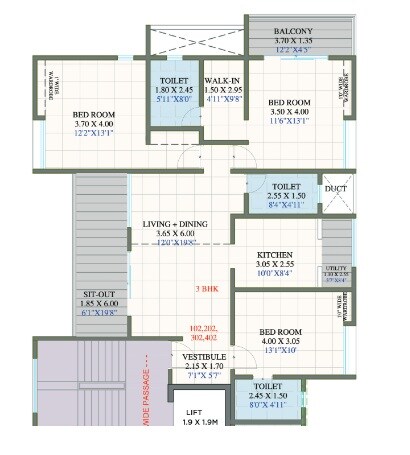 Floor plan of 3 BHK 1143 Sq. Ft. Apartment in Nirmiti Adisha, Pune