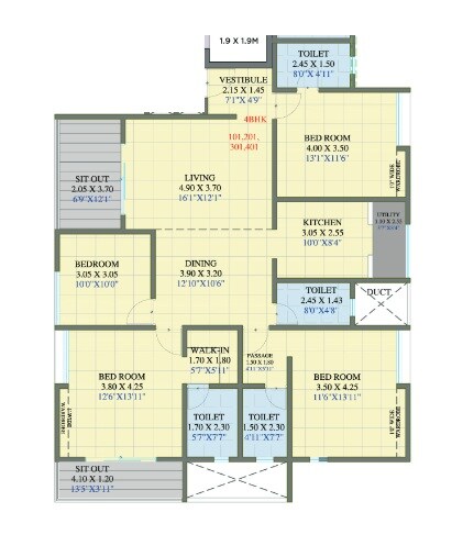 Floor plan of 4 BHK 1387 Sq. Ft. Apartment in Nirmiti Adisha, Pune