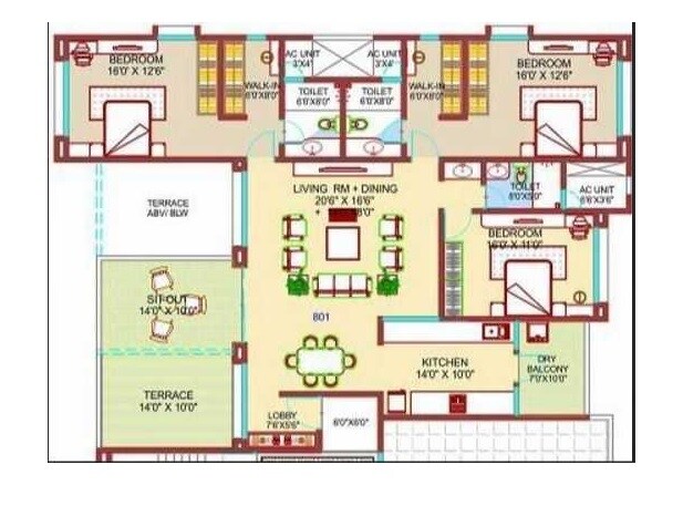 Floor plan of 3 BHK 1597 Sq. Ft. Apartment in Nirmiti Fili Villa, Pune