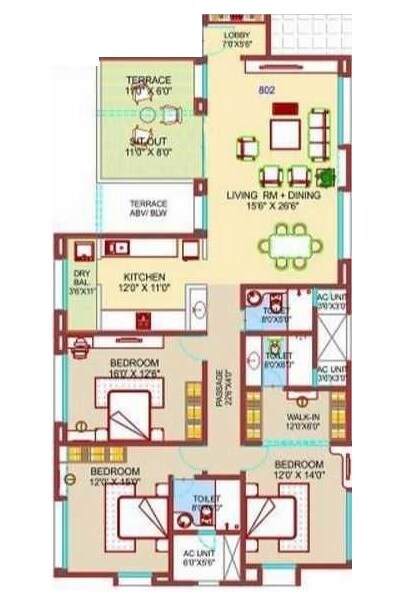 Floor plan of 3 BHK 1754 Sq. Ft. Apartment in Nirmiti Fili Villa, Pune