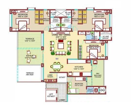 Floor plan of 4 BHK 1955 Sq. Ft. Apartment in Nirmiti Fili Villa, Pune