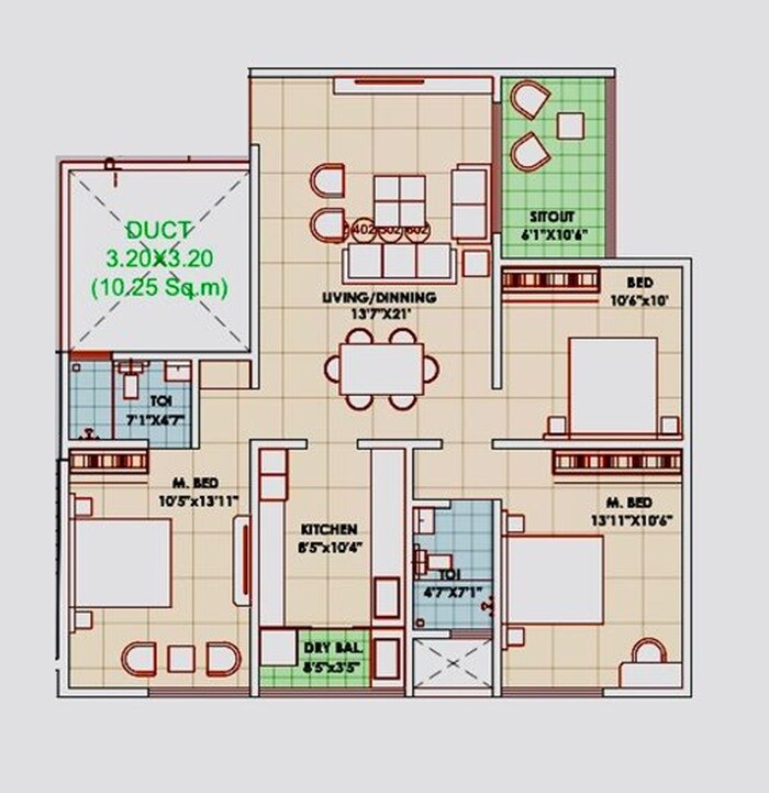 Floor plan of 3 BHK 1462 Sq. Ft. Apartment in Nirmiti Ghanwat Jachak Icon, Pune