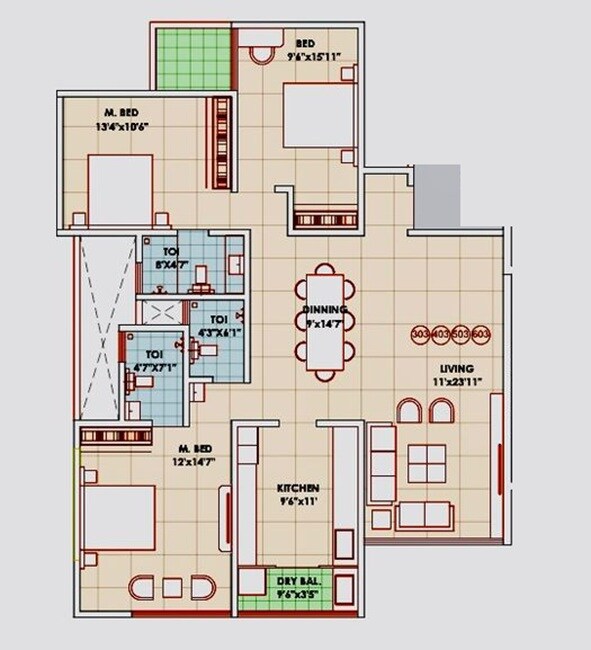 Floor plan of 3 BHK 1756 Sq. Ft. Apartment in Nirmiti Ghanwat Jachak Icon, Pune
