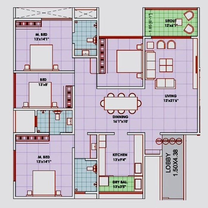 Floor plan of 4 BHK 2089 Sq. Ft. Apartment in Nirmiti Ghanwat Jachak Icon, Pune