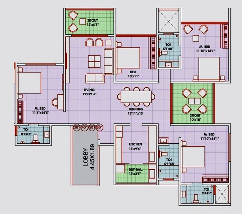 Floor plan of 4 BHK 2520 Sq. Ft. Apartment in Nirmiti Ghanwat Jachak Icon, Pune
