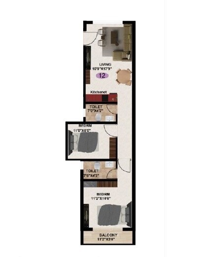 Floor plan of 2 BHK 651 Sq. Ft. Apartment in Nirvana Lakeview Retreat, Pune