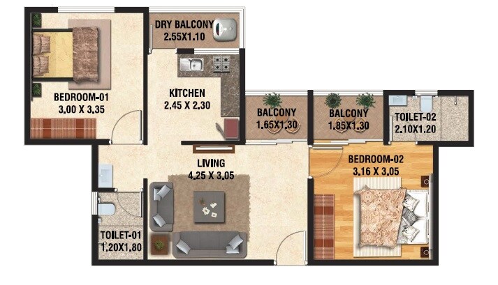 Floor plan of 2 BHK 568 Sq. Ft. Apartment in Nirvana Lifecity, Pune