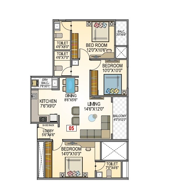 Floor plan of 3 BHK Apartment - 973 sq. ft. in Nisarg Royal Square, Pune