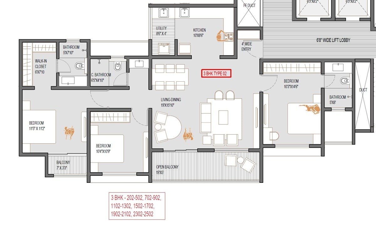 Floor plan of 3 BHK 1245 Sq. Ft. Apartment in Nitaara Tower, Pune