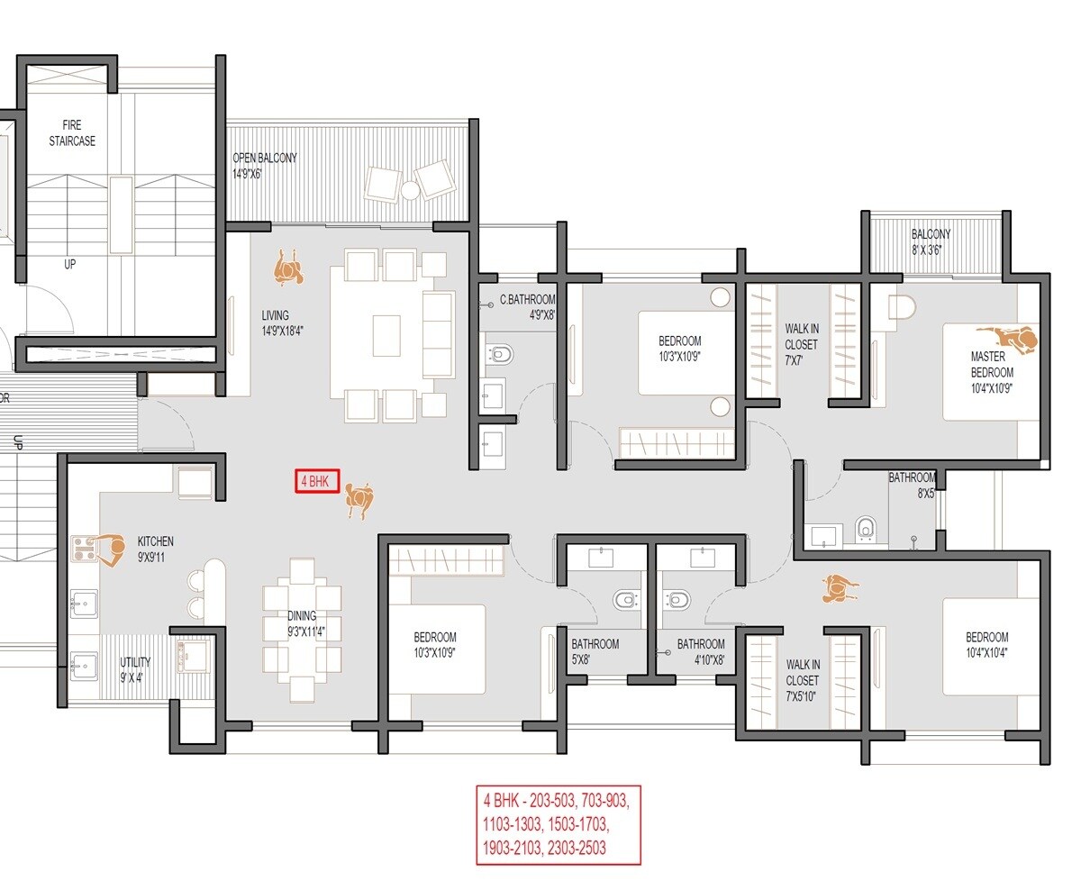 Floor plan of 4 BHK 1592 Sq. Ft. Apartment in Nitaara Tower, Pune