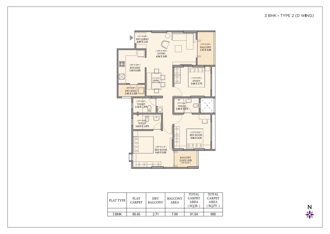Floor plan of 3 BHK 980 Sq. Ft. Apartment in Nivasa Ananya, Pune